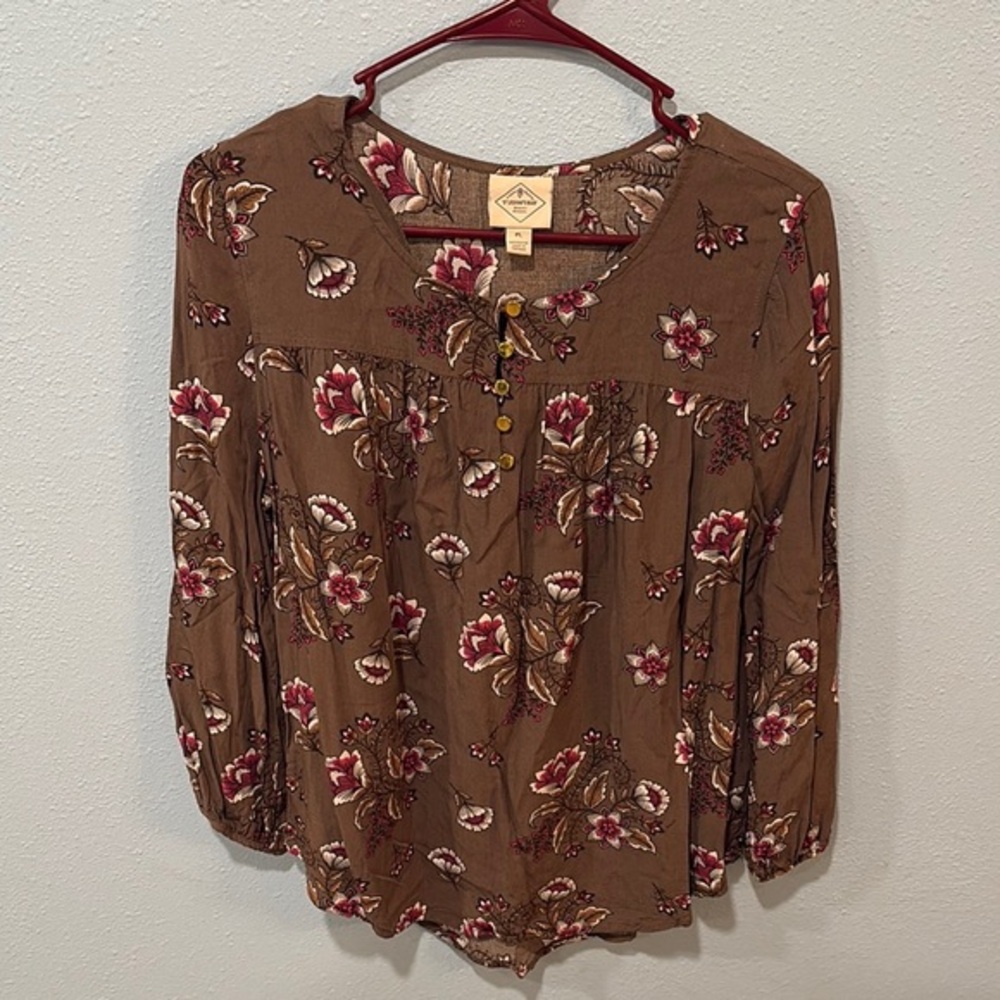 St. John’s Bay Floral Brown Blouse rayon size PL petite large business casual